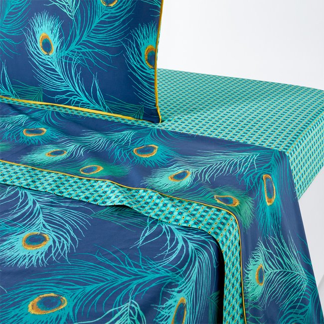 Shakhra Peacock 100% Cotton Percale 180 Thread Count Flat Sheet, blue/green/yellow, LA REDOUTE INTERIEURS
