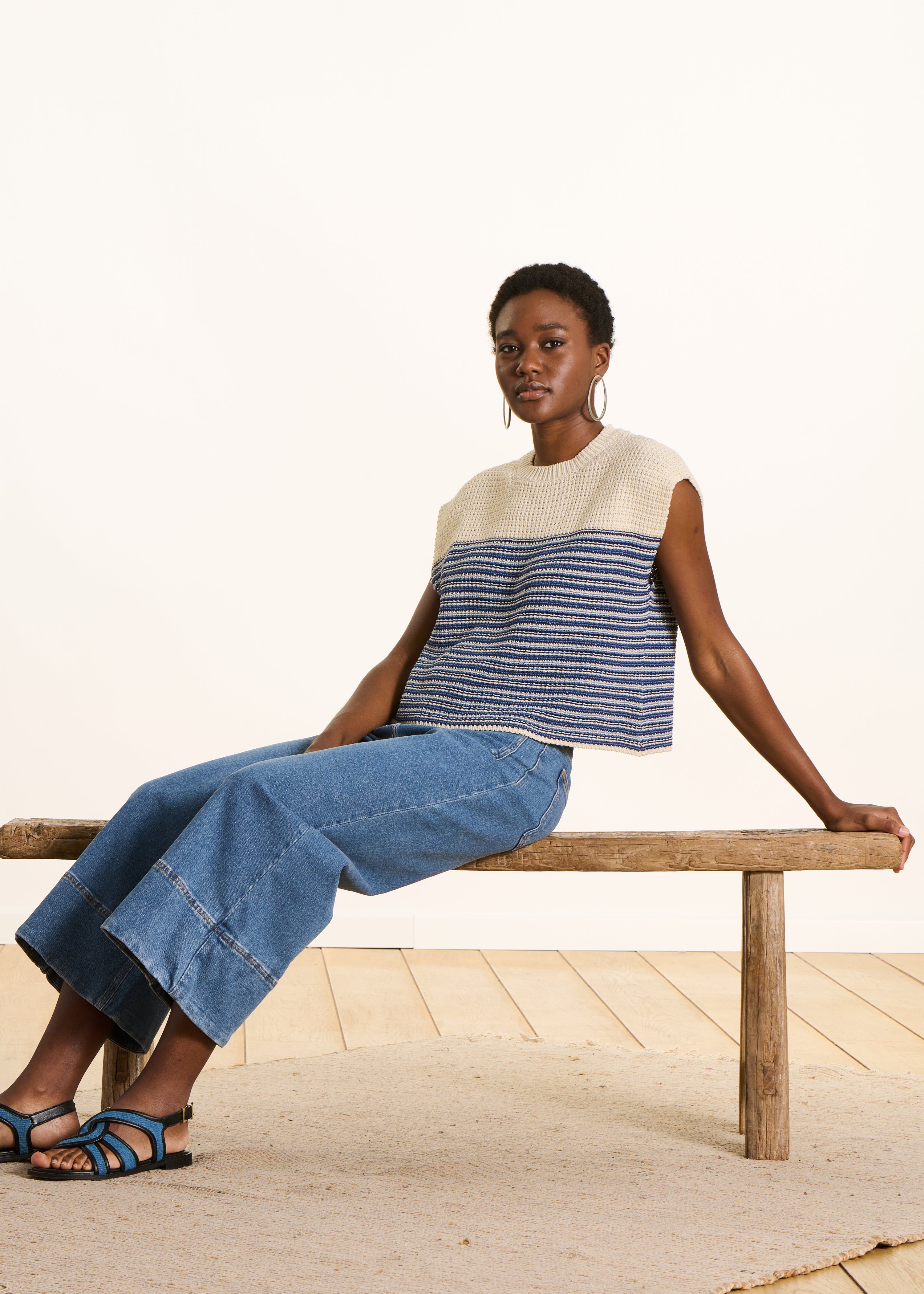 Pull court rayé en coton manches courtes, LA FEE MARABOUTEE