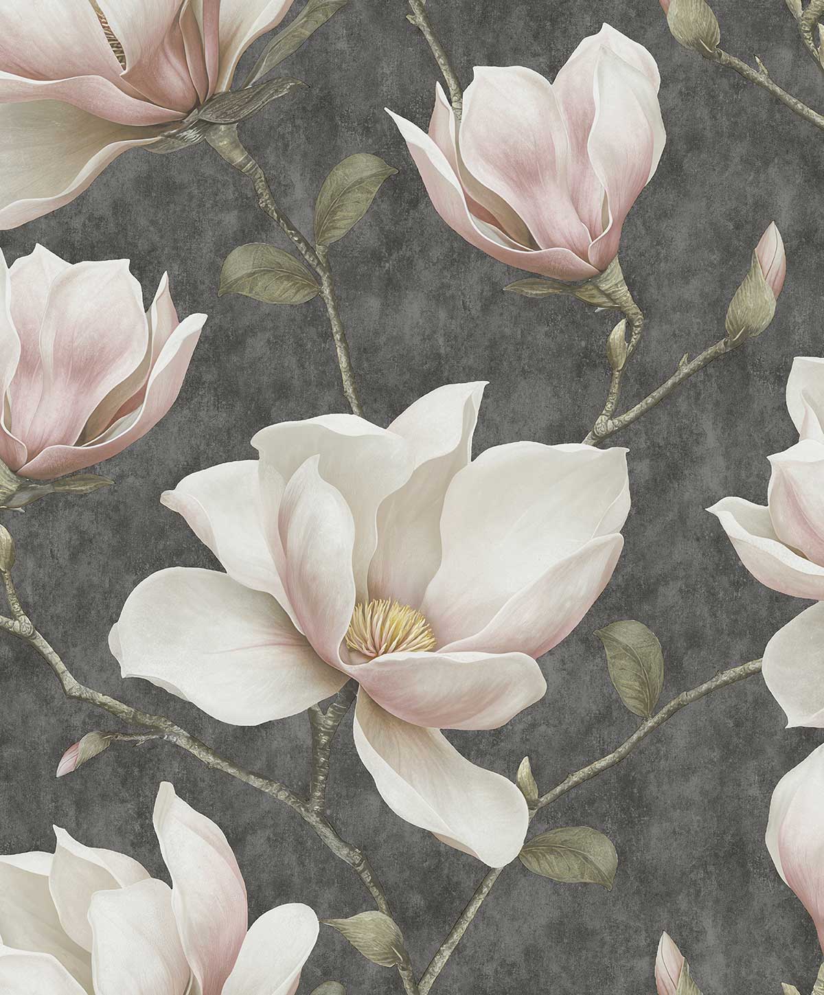 Papier peint magnolia blanc fond anthracite, HEXOA