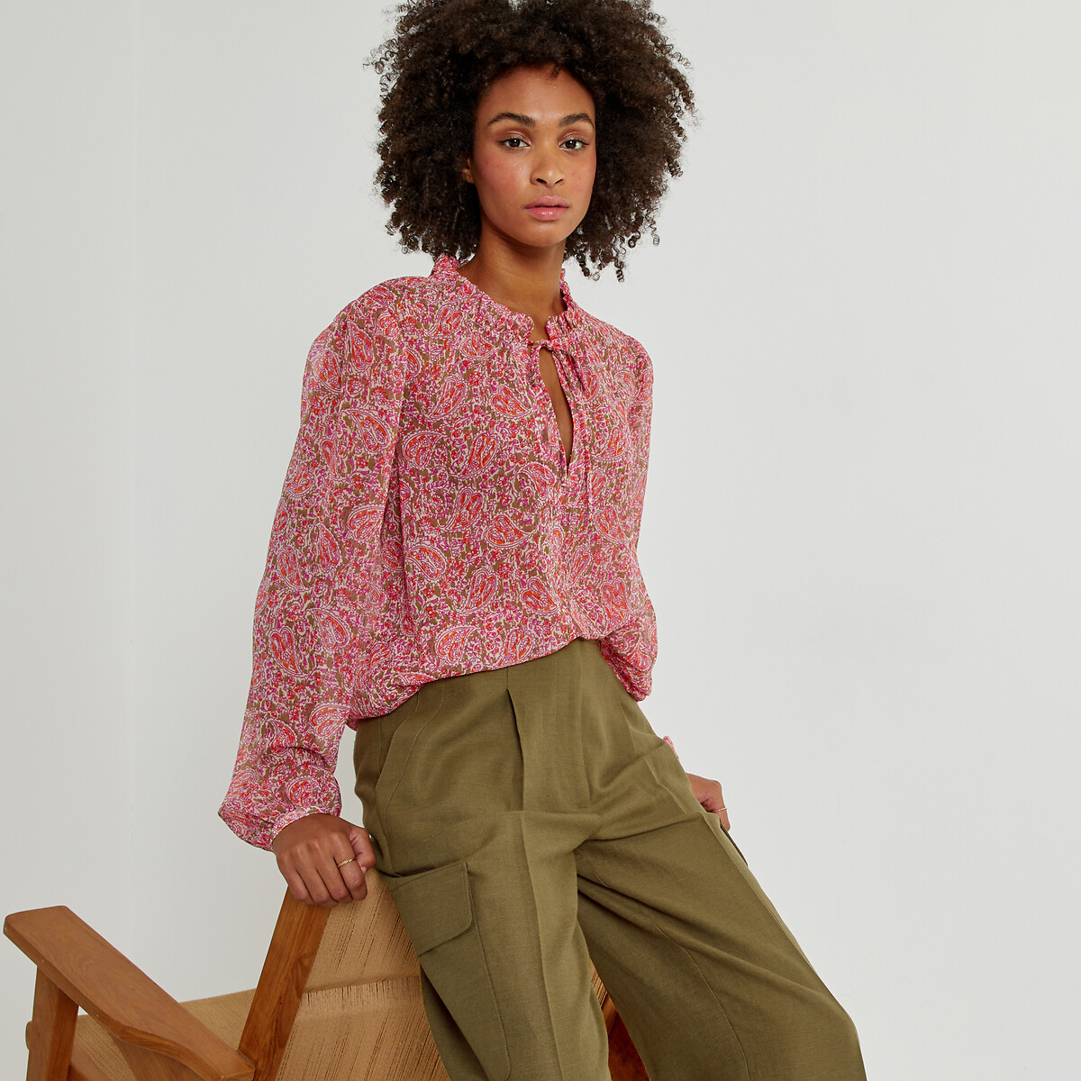 Paisley Print Blouse with Ruffled Collar