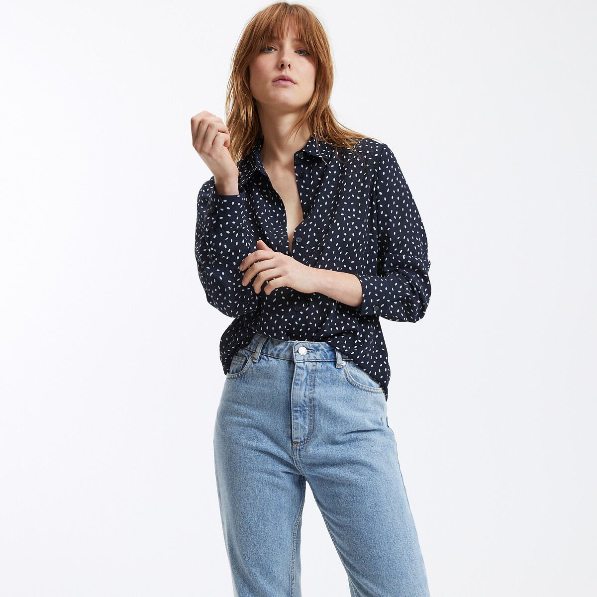 Chemise a pois manches longues imprime pois fond marine La Redoute Collections La Redoute