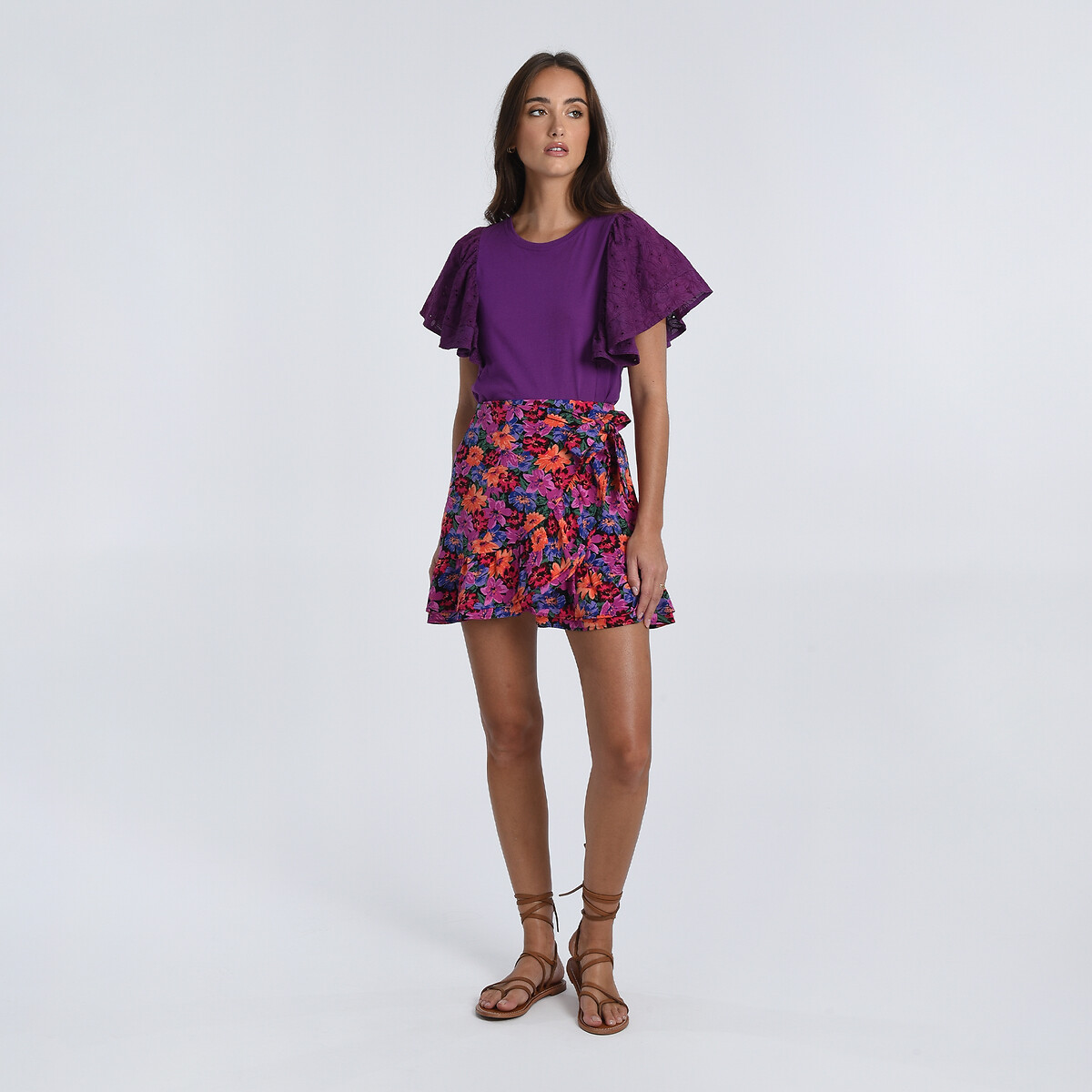 Printed ruffled mini skirt pink orange Molly Bracken La Redoute