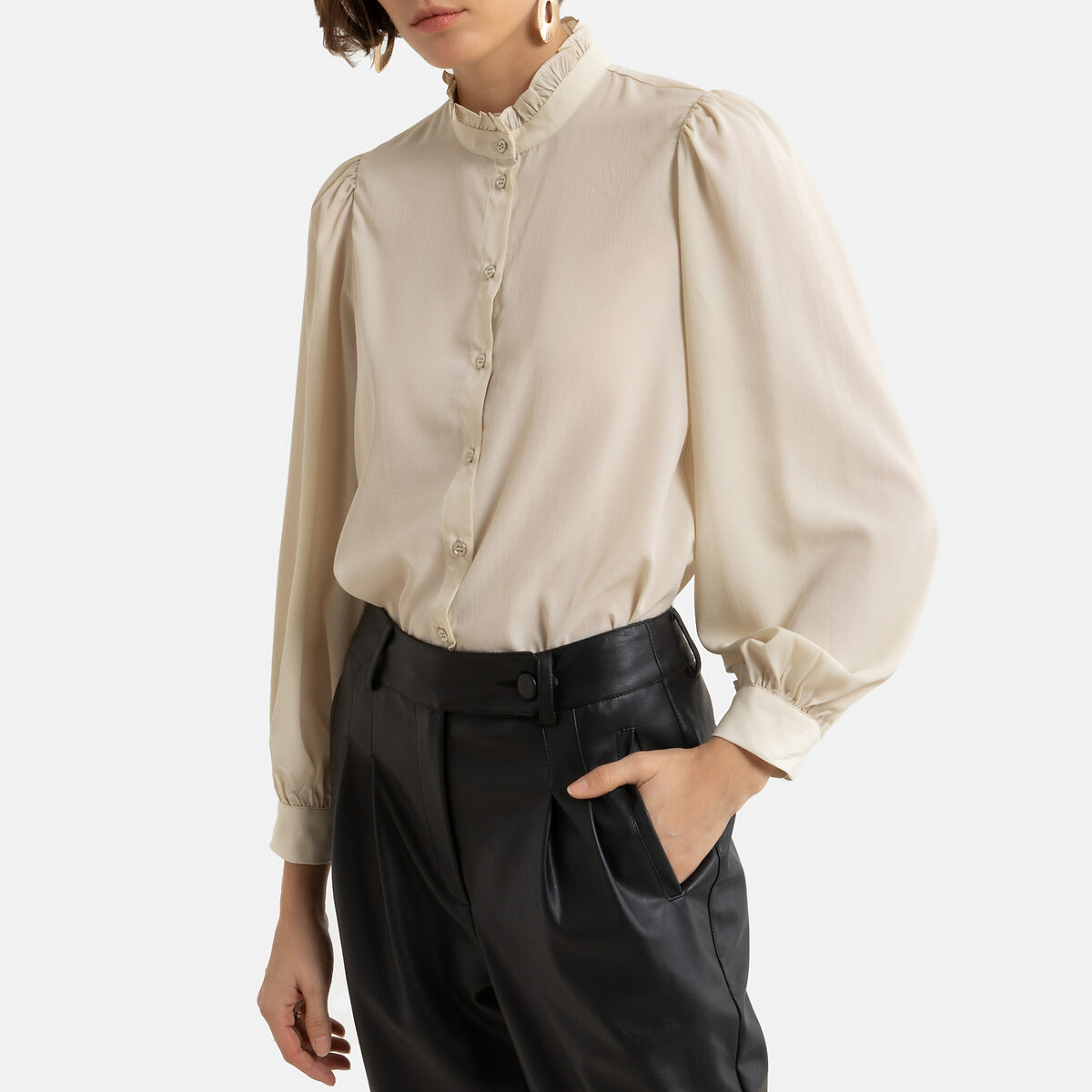 Ruffle neck blouse long sleeve clearance