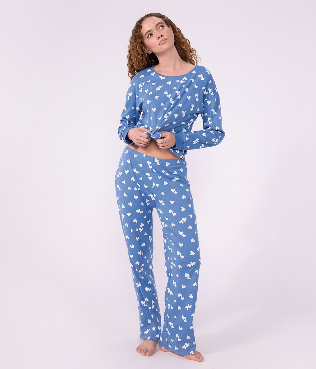Pyjama 2 pièces, en coton, imprimé cœurs, PETIT BATEAU
