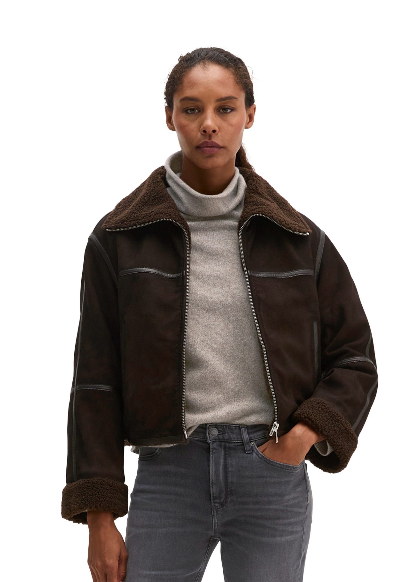 Veste en cuir coupe classique avec une doublure en peluche imitation fourrure à l'intérieur, MARC O'POLO