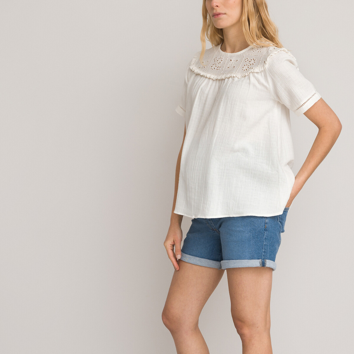 Cotton Maternity Blouse with Embroidered Ruffled Bib Front