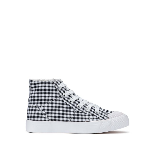 Kids High Top Trainers in Checked Canvas, black/white, LA REDOUTE COLLECTIONS