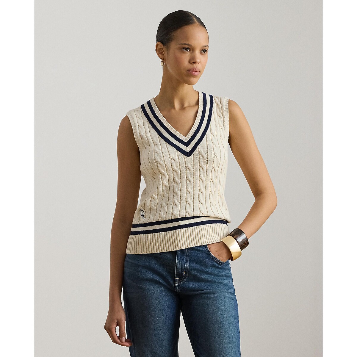 Mouwloze kabeltrui met V-hals, LAUREN RALPH LAUREN