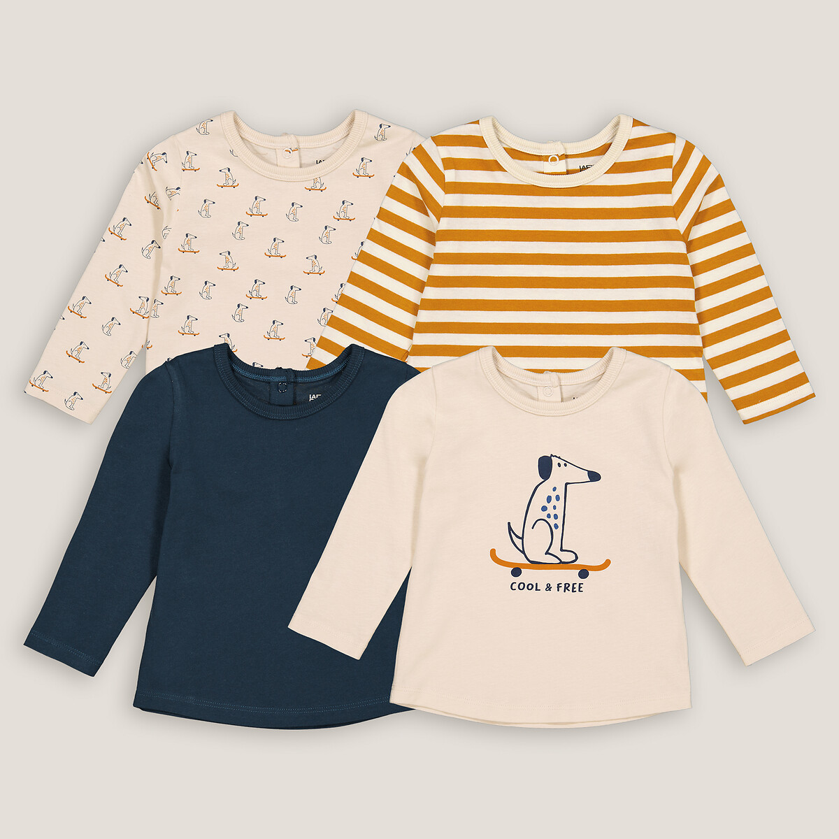 Pack of 4 T-Shirts in Cotton with Crew Neck and Long Sleeves