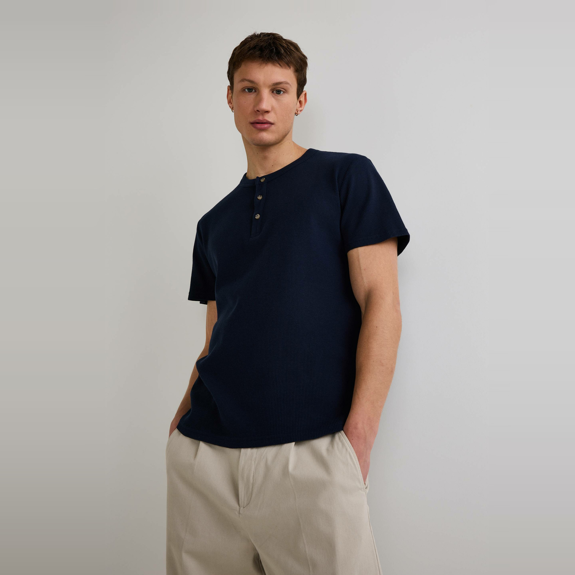 T-shirt manches courtes col tunisien gaufré en coton BIO GOTS, MONOPRIX