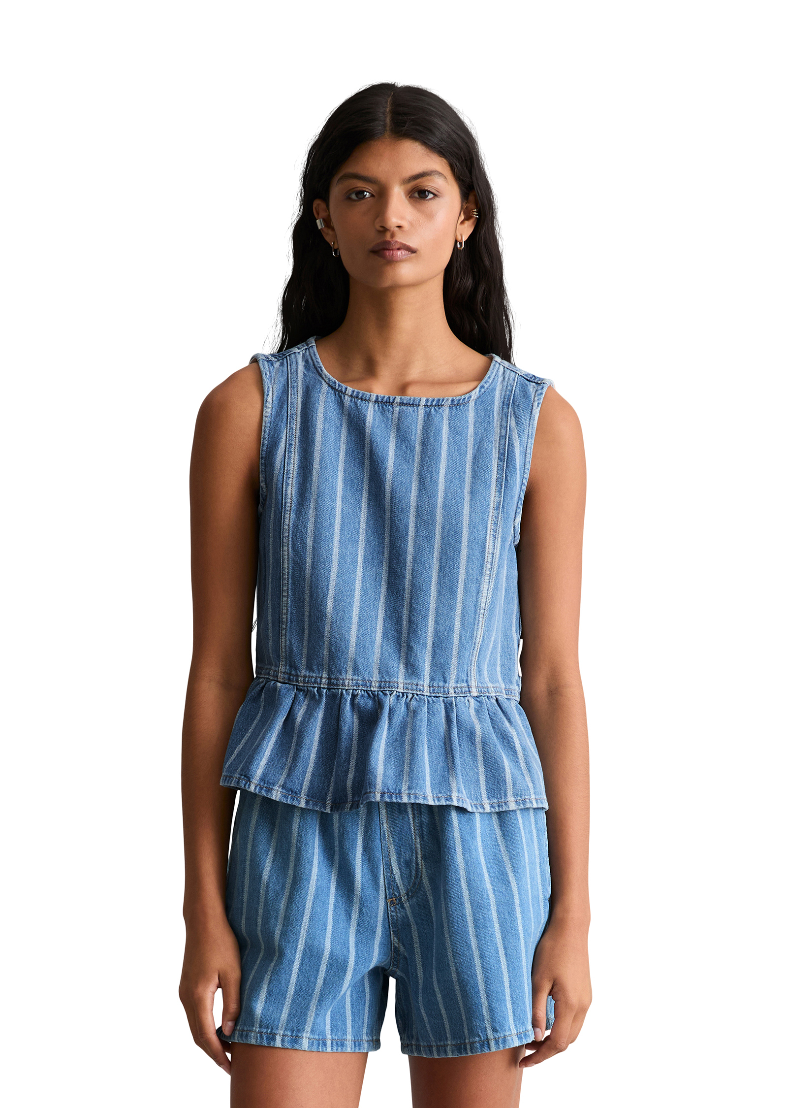 Blouse en jean-volant rayé relaxed en pur coton organique, MARC O’POLO DENIM