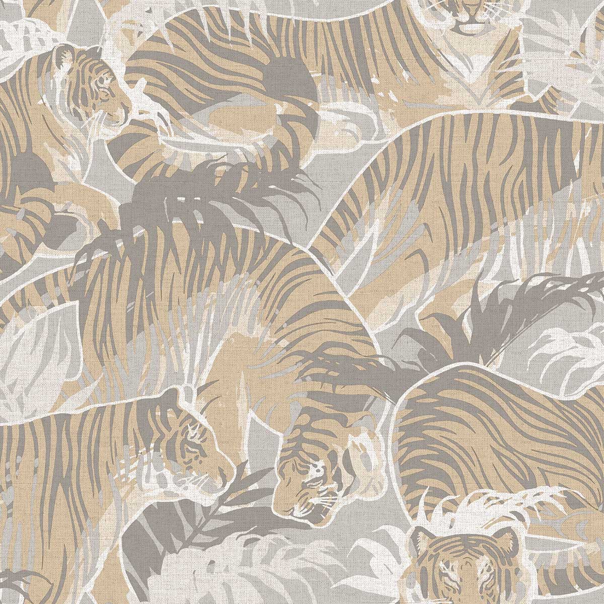 Papier peint tigres jungle beige et gris doux, HEXOA