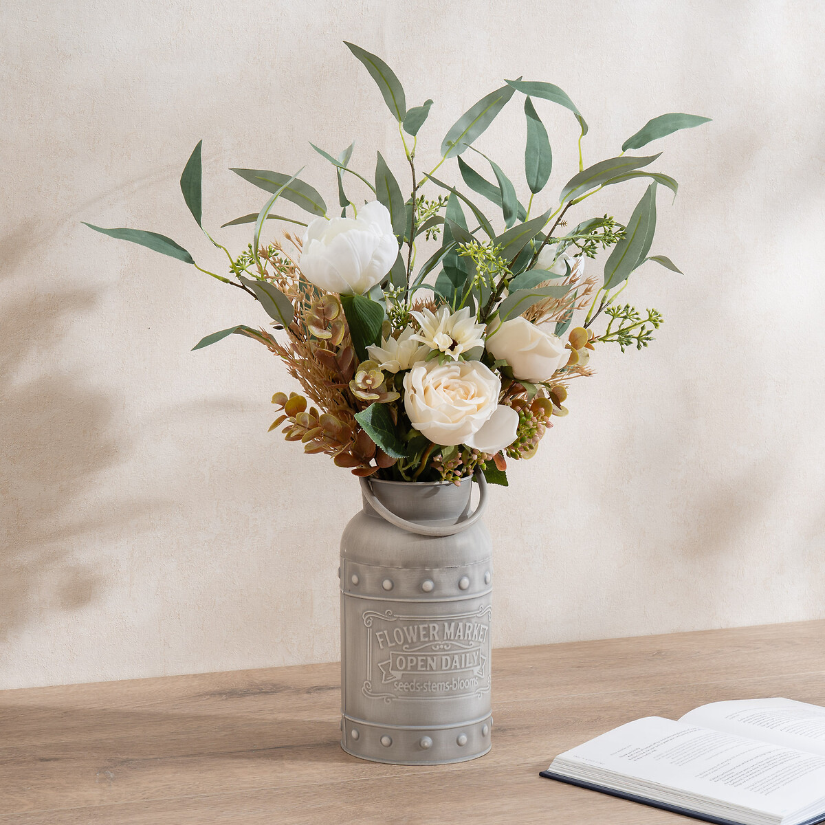 66cm Artificial Tulip, Rose, and Eucalyptus Bouquet in Churn Vase, SO'HOME