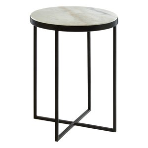 Round Side Table in White Marble with Black Iron