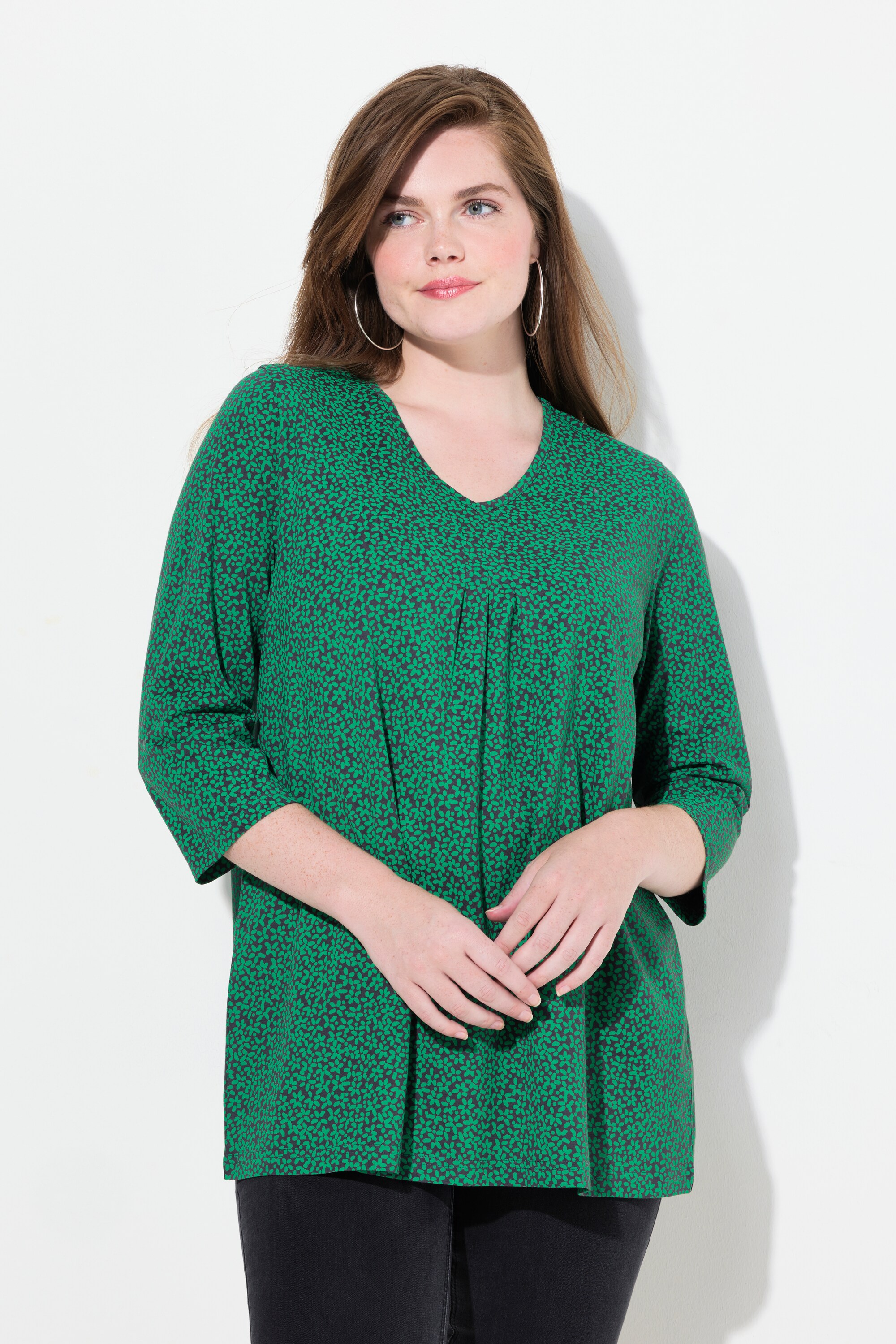 T-shirt à fleurs, col en V et manches 3/4, ULLA POPKEN