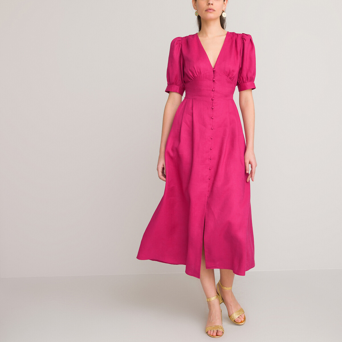 Robe Longue Encolure V Manches Courtes En Lin La Redoute Collections La Redoute