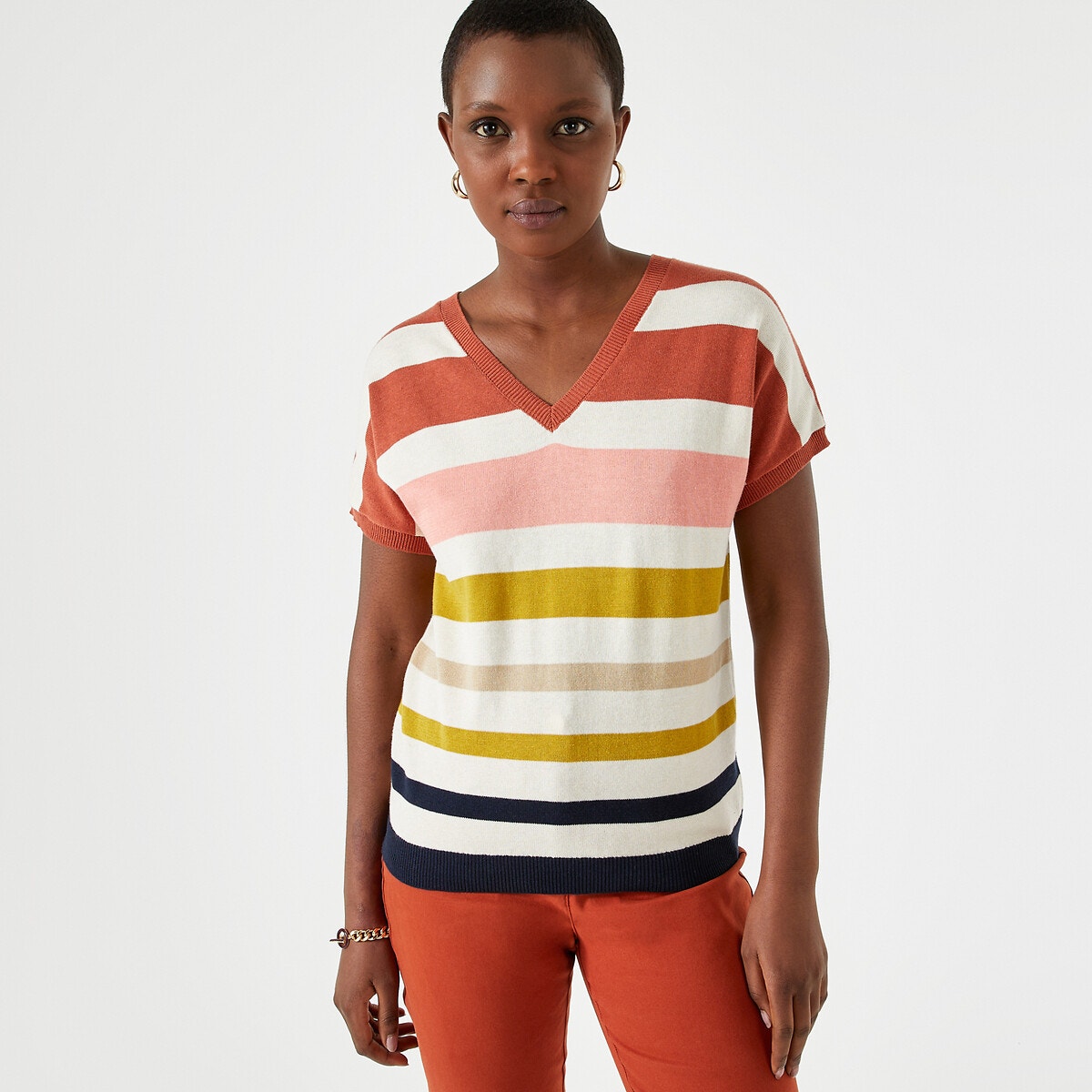 Pull ray col v en fine maille ray multicolore Anne Weyburn La