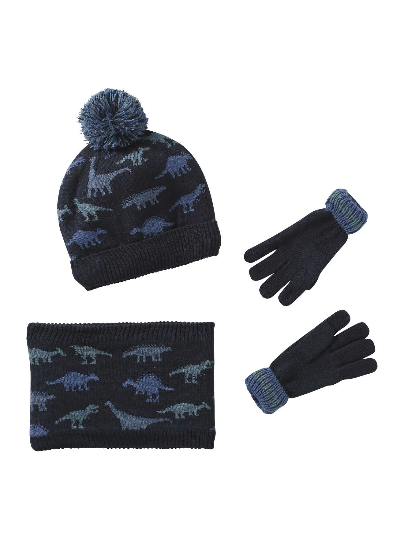 Ensemble bonnet + snood + moufles/gants « Dinos », VERTBAUDET