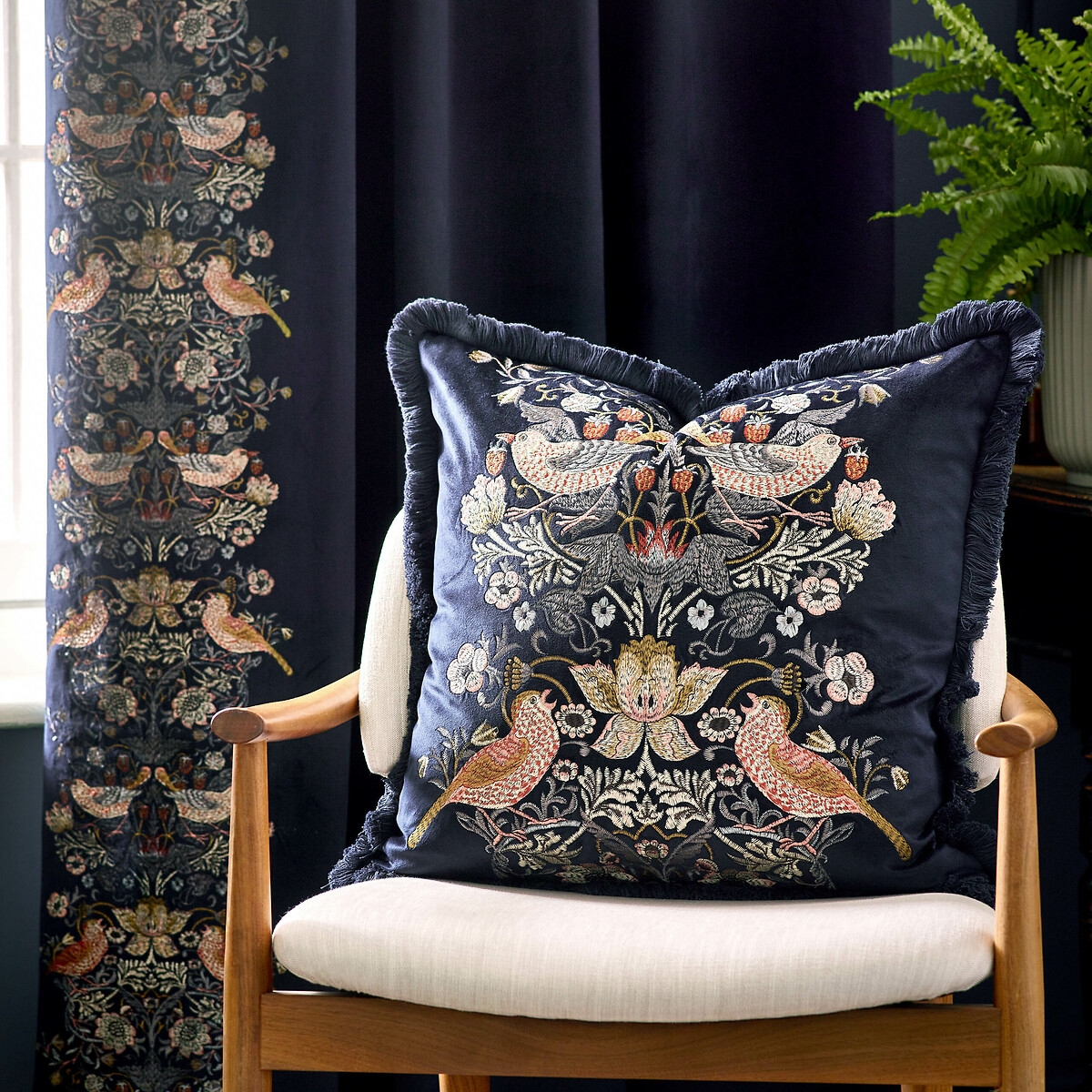 Strawberry Thief Embroidered Velvet Cushion, MORRIS & CO.