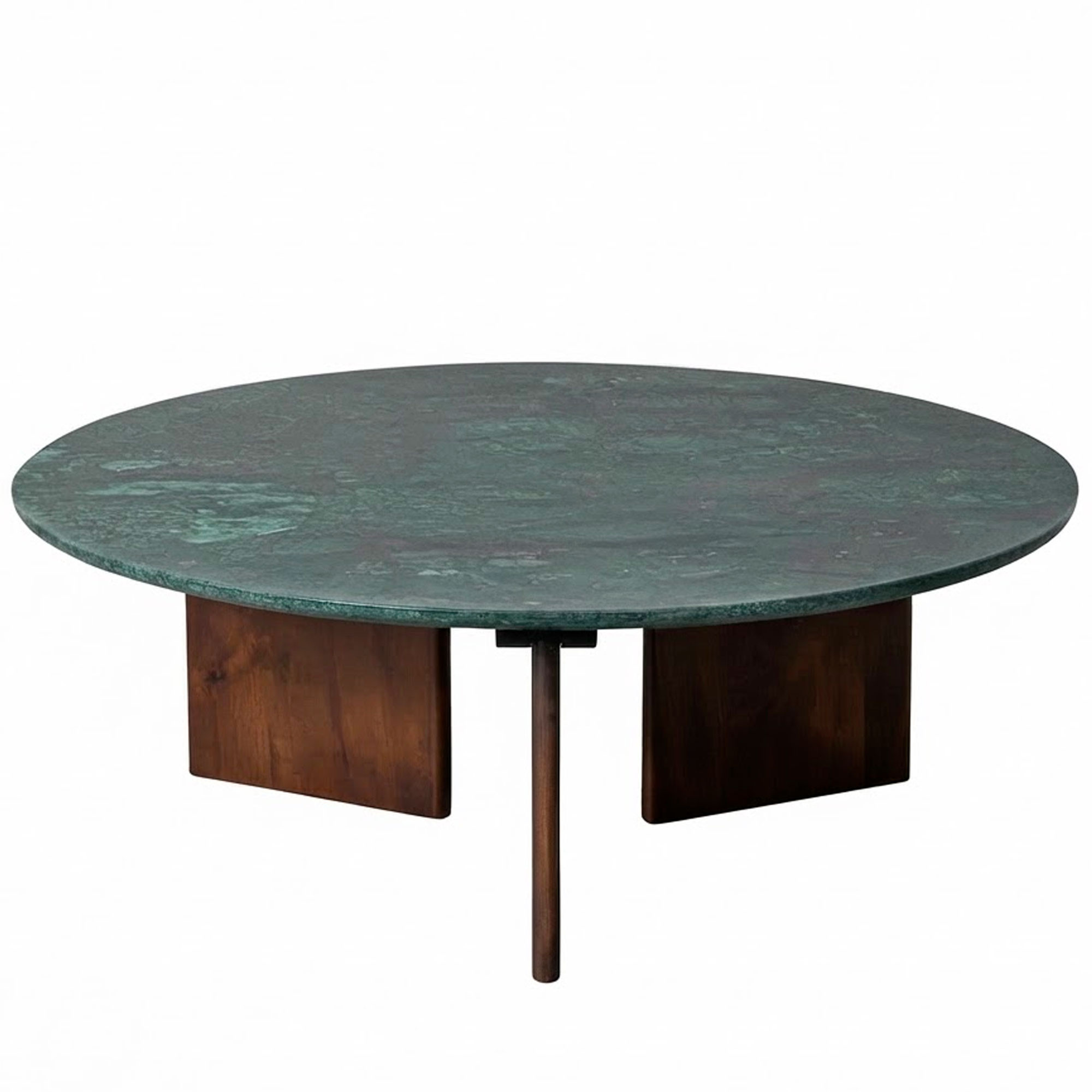Table basse design ronde marbre vert et bois de manguier 100x100x35cm, WADIGA