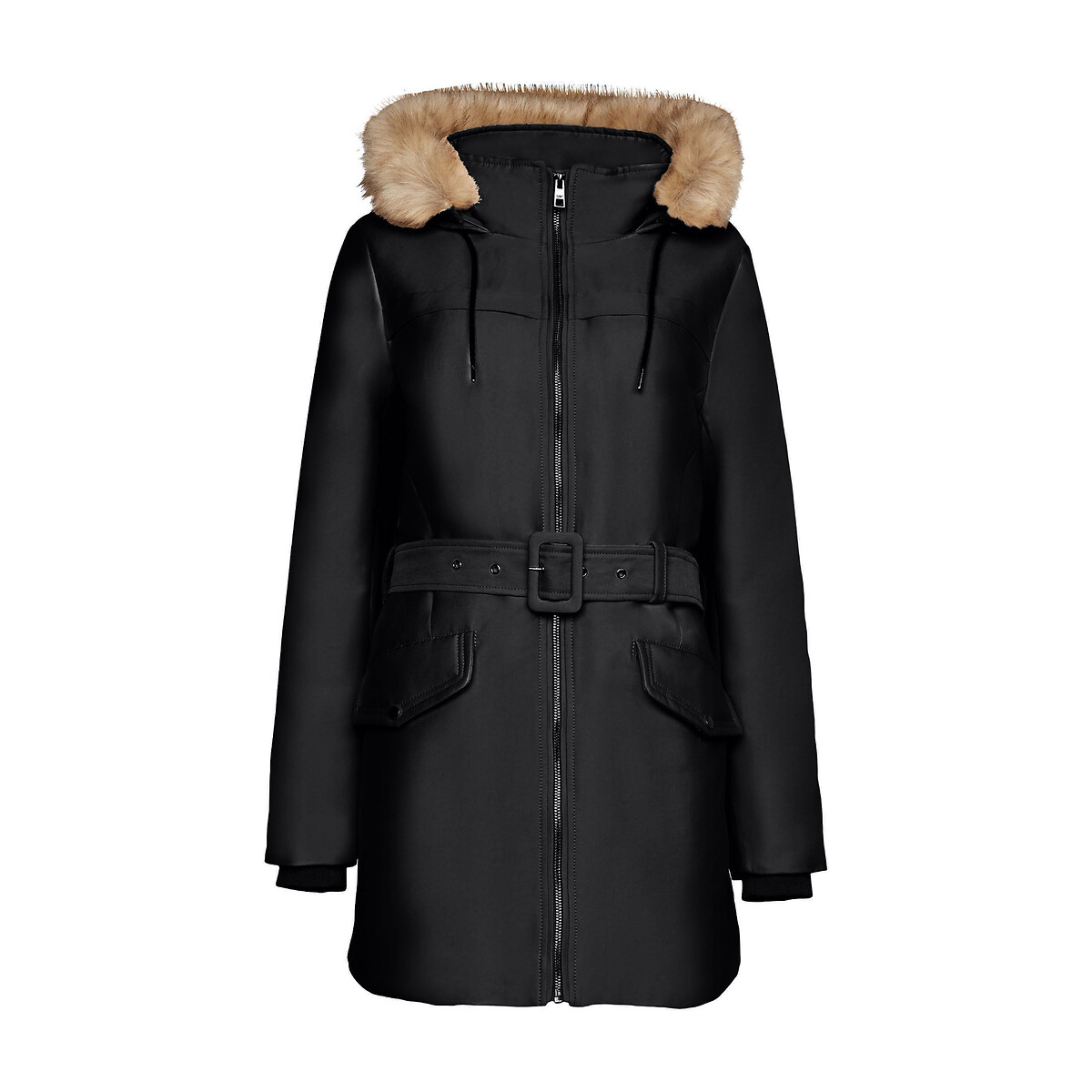 Belted Parka with Faux Fur Trim Hood
