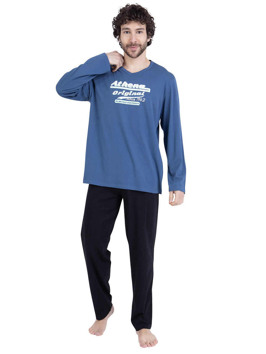 Pyjama long en coton, haut imprimé, ATHENA