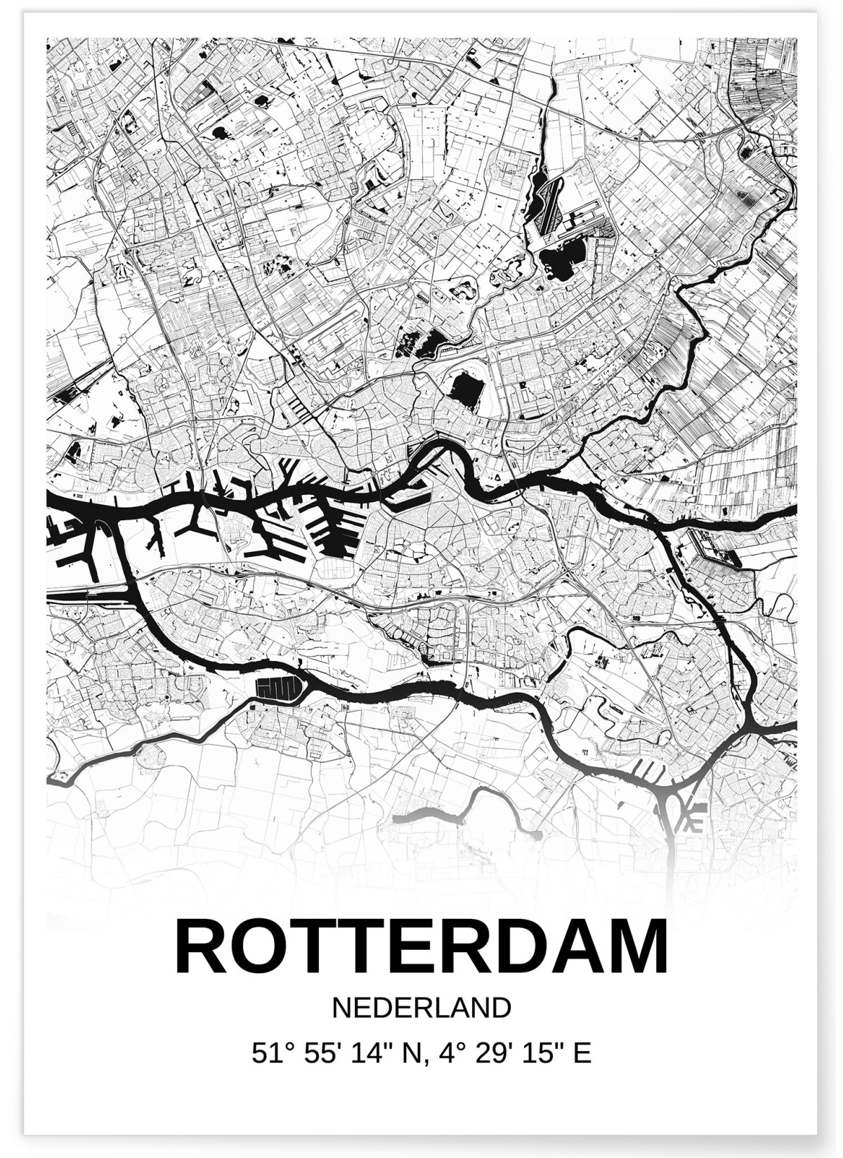 Affiche carte Rotterdam - rectangle Noir et Blanc, L'AFFICHERIE