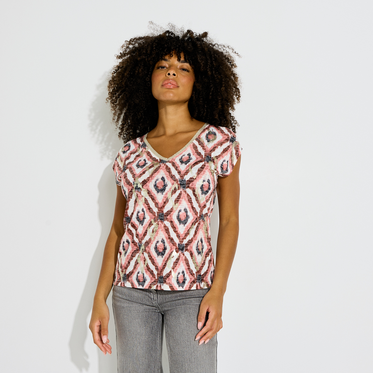 T-shirt col V imprimé géométrique, GRAIN DE MALICE