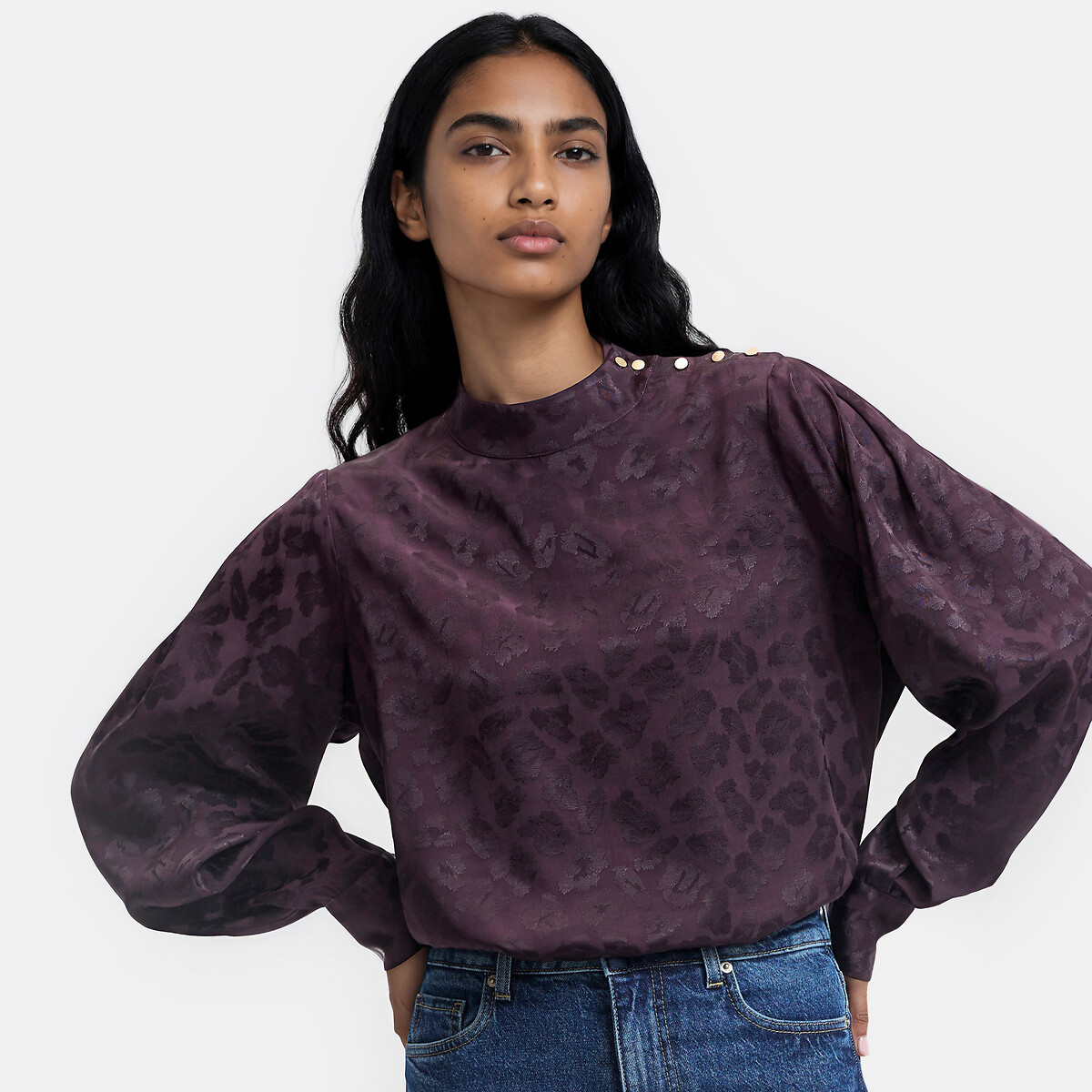 Blouse col montant, en satin jacquard motif léopard, LA REDOUTE COLLECTIONS