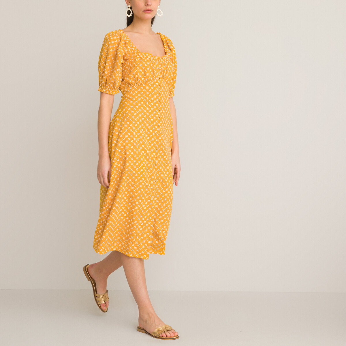 Embroidered Cotton Midi Dress with Puff Sleeves