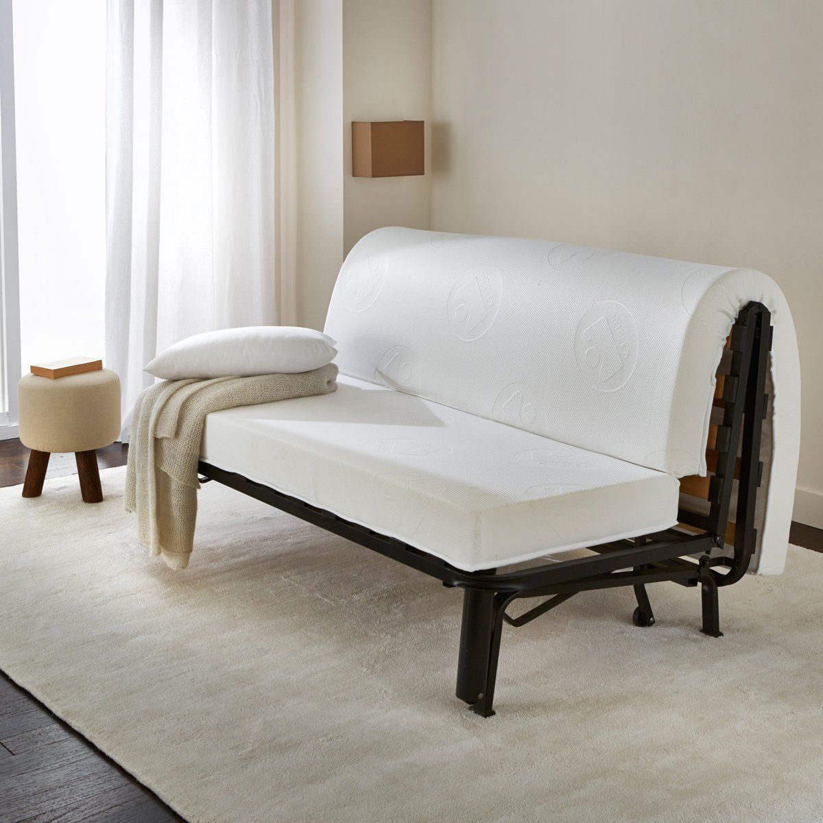 Banquette Lit 2 Places BECCI Avec Matelas BULTEX - Tissu Coton Gris, L142 X P101 Cm, Style Contemporain