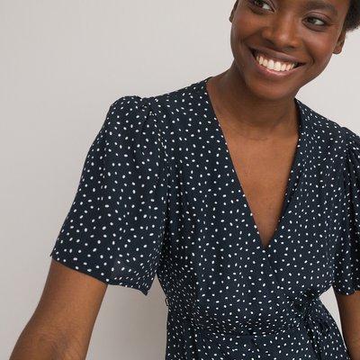 Polka Dot Wrapover Dress with Short Puff Sleeves LA REDOUTE COLLECTIONS