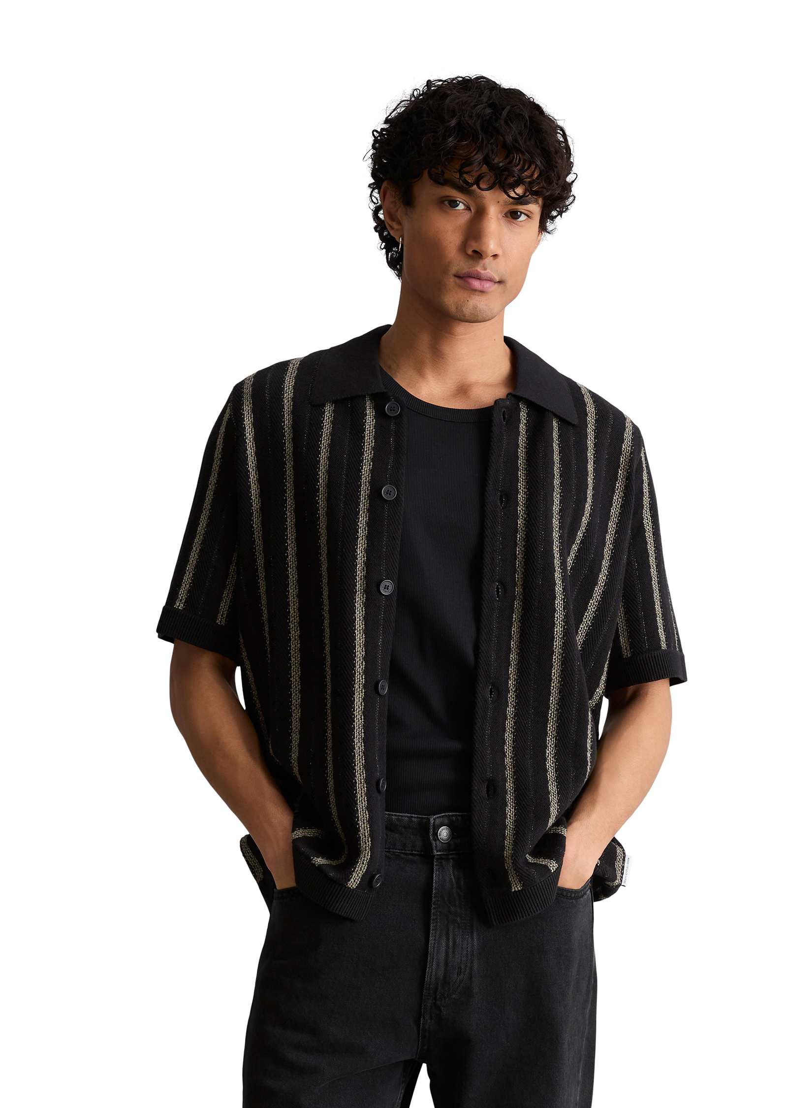 Veste en tricot style polo relaxed avec des bandes verticales, MARC O’POLO DENIM