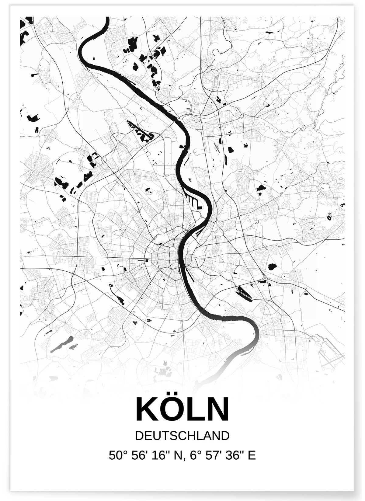 Affiche carte Köln - rectangle Noir et Blanc, L'AFFICHERIE