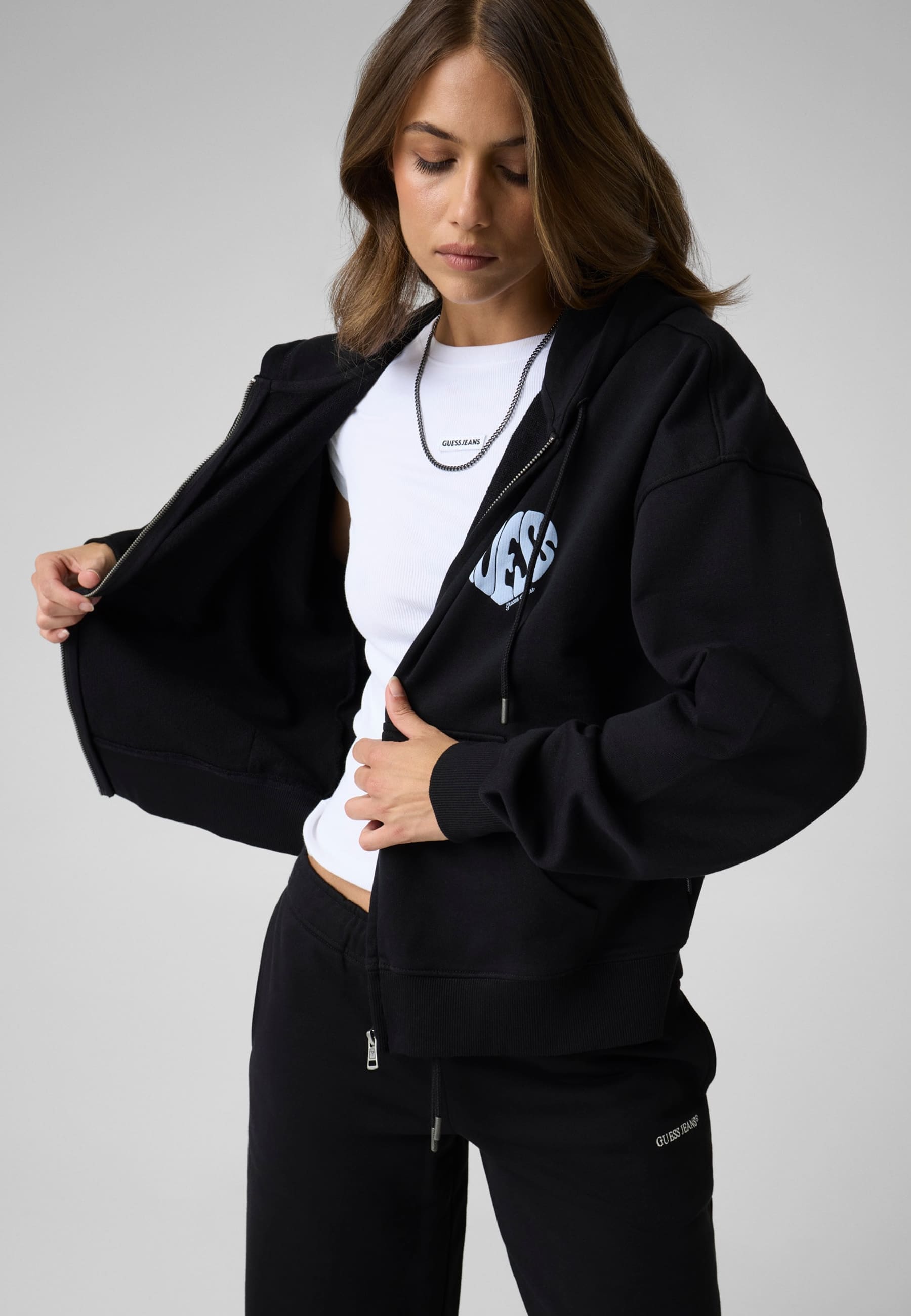Sweat À Capuche Imprimé À Fermeture Éclair Intégrale, GUESS JEANS
