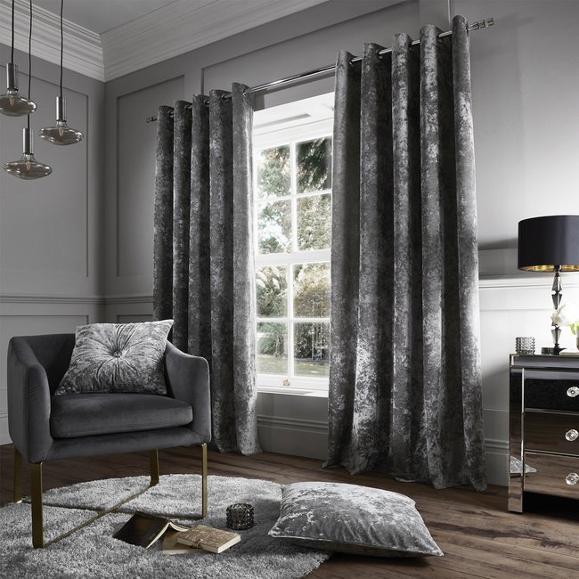 Crushed Velvet Eyelet Curtain - Silver, silver-coloured, CATHERINE LANSFIELD