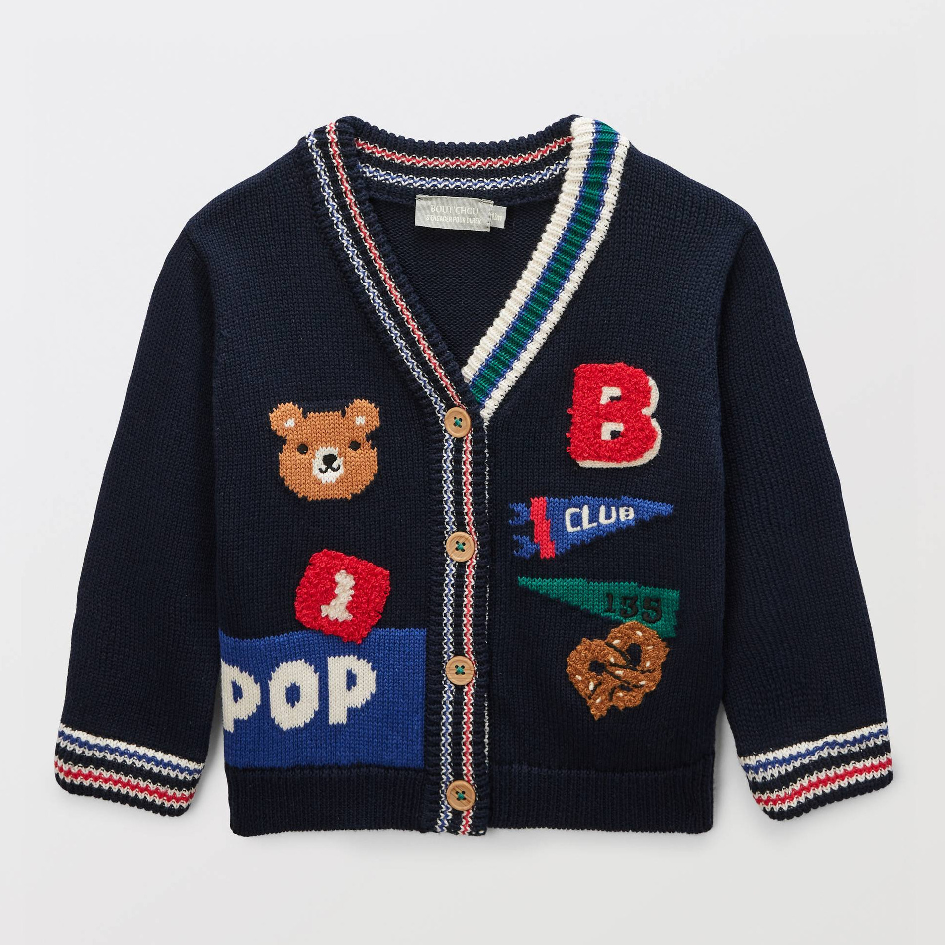 Cardigan tricot intarsia avec patchs en coton, BOUT'CHOU