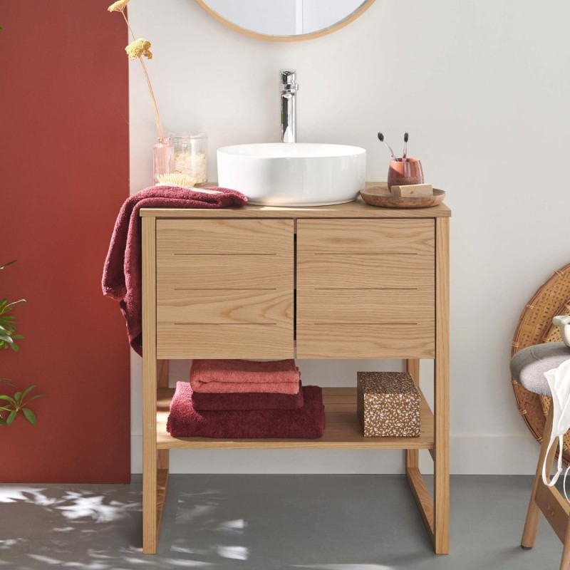 Meuble 70cm chêne vasque ronde blanche et robinet chromé ATOLL, MOB IN