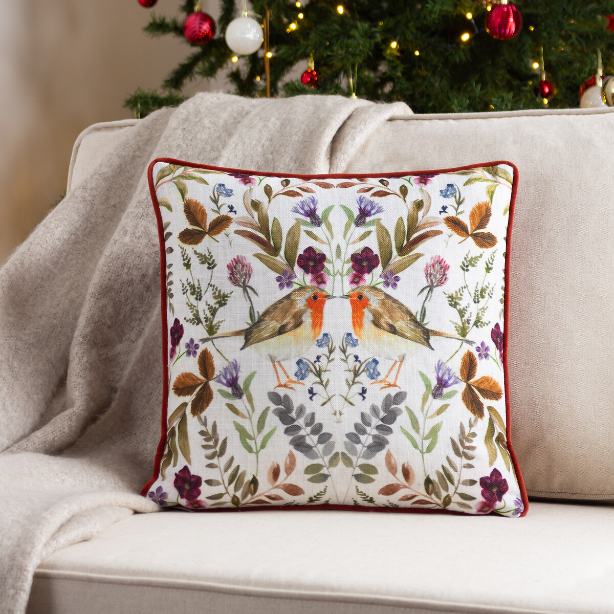 Mirrored Robin Watercolour Printed Piped Cushion, EVANS LICHFIELD