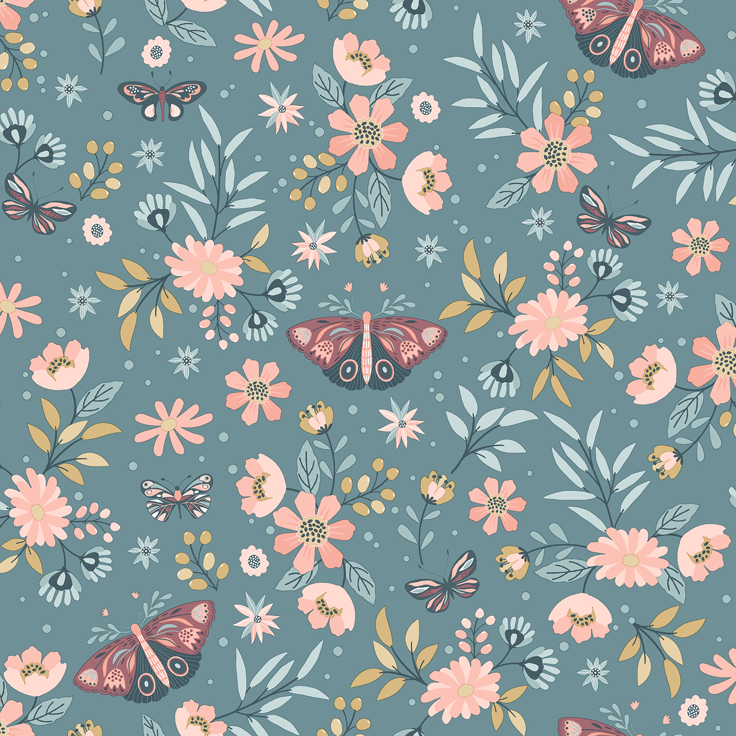 Papier peint floral papillons fond vert canard, HEXOA