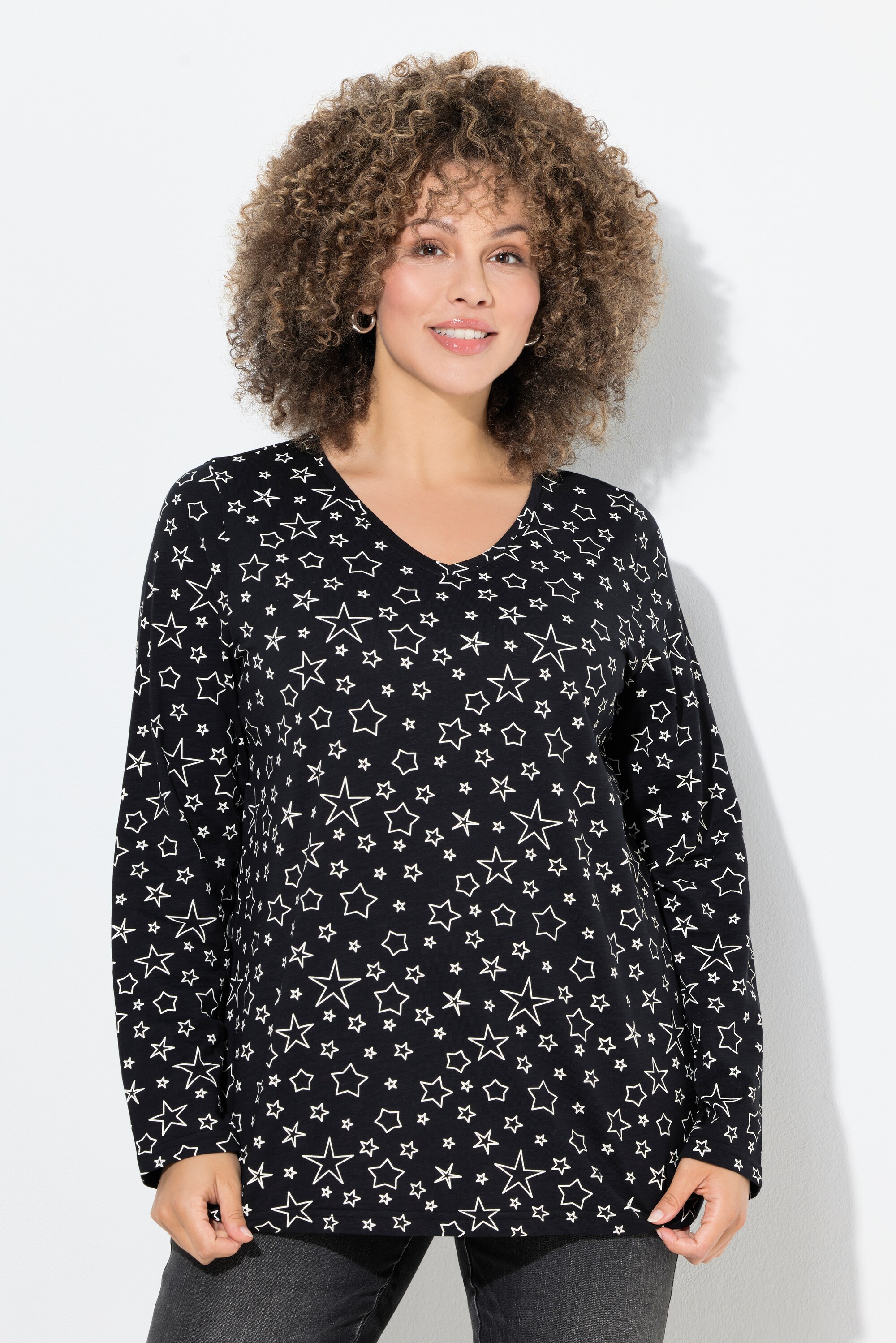 T-shirt imprimé à col V et manches longues, ULLA POPKEN