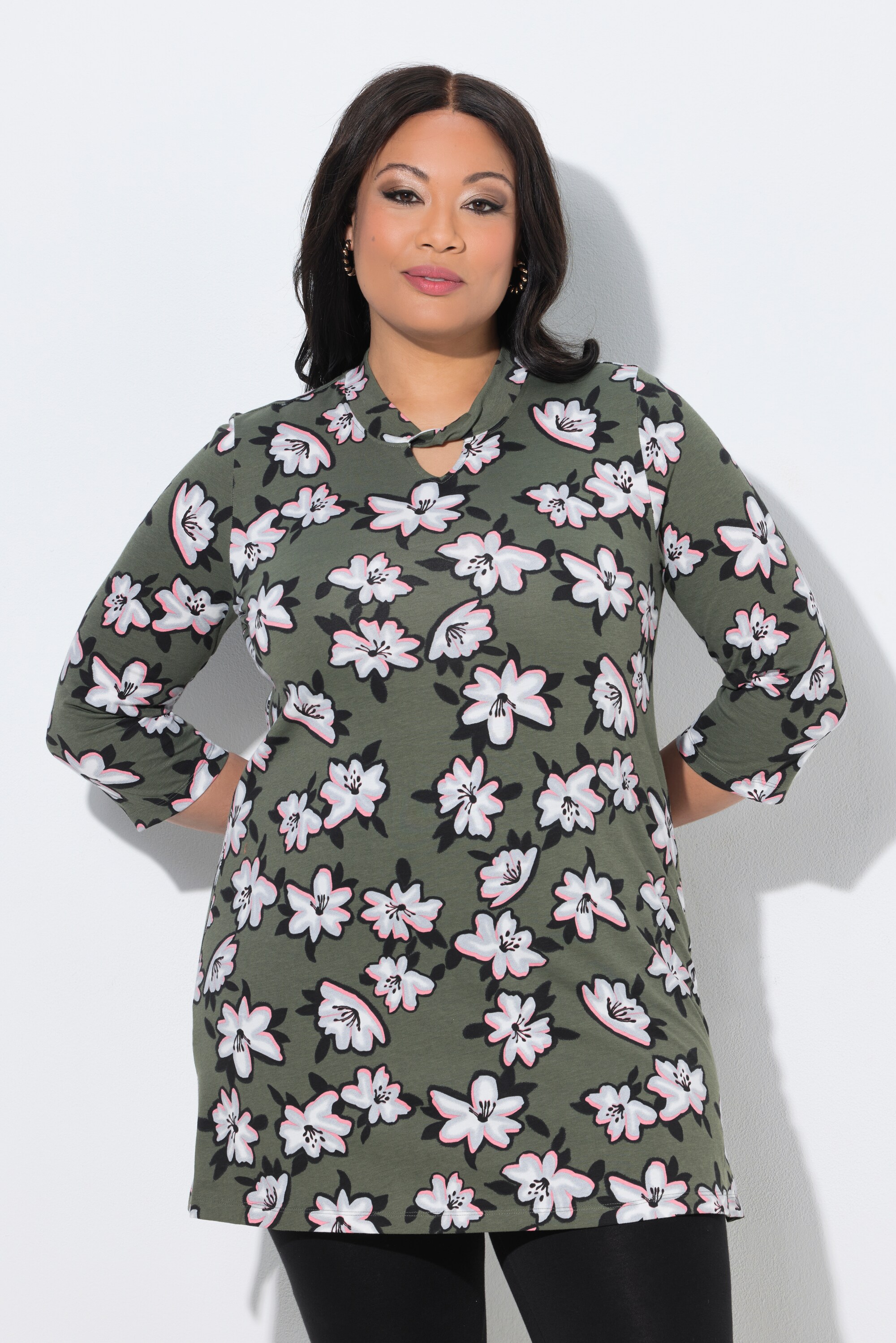 T-shirt long, fleurs, coupe en A, ULLA POPKEN