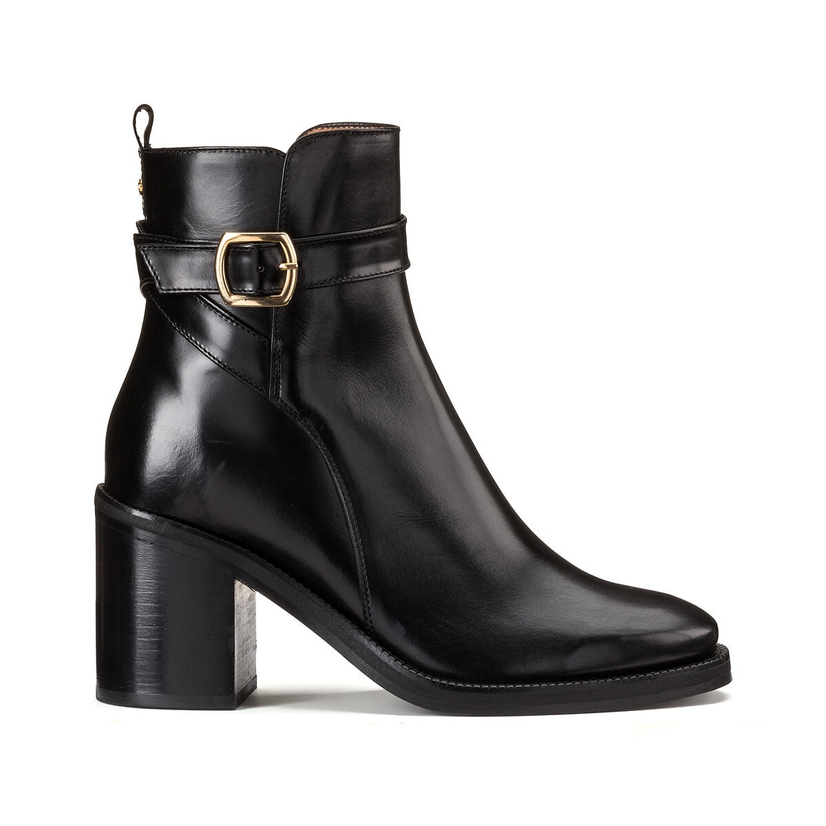 Boots En Cuir Talon Large Noir La Redoute Collections | La Redoute