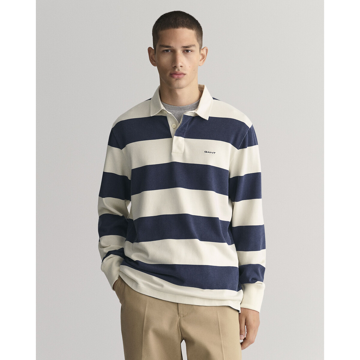 Image of Striped Rugby Polo Shirt in Cotton with Long Sleeves