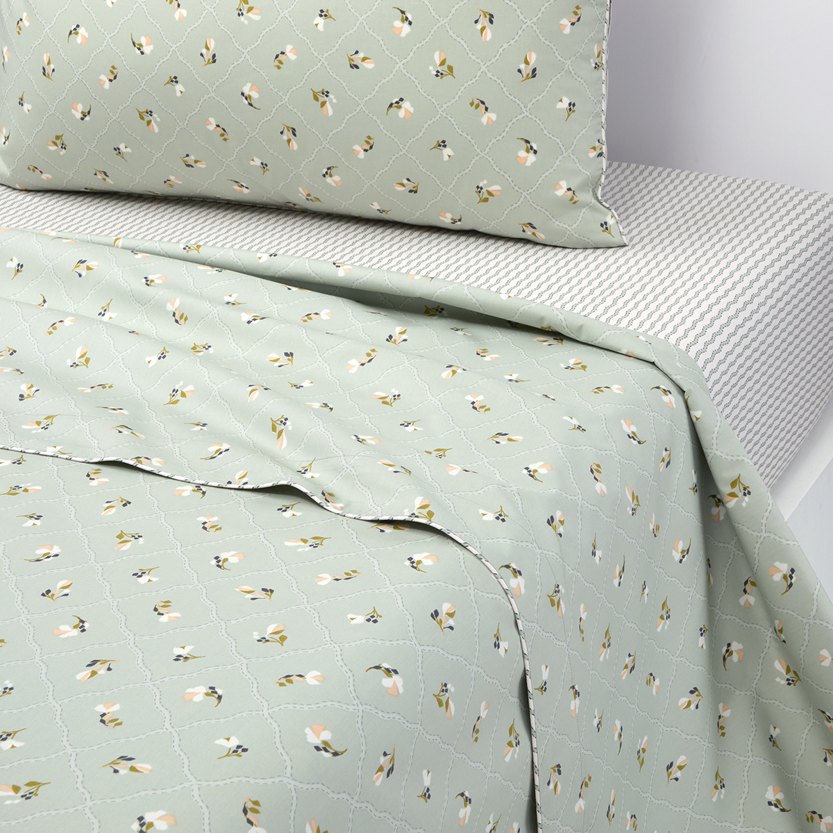 Drap plat en percale de coton vert, BERGAMOTE, DESFORGES