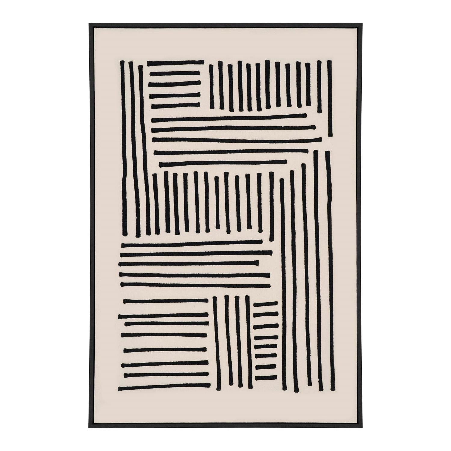 Tableau abstrait noir et blanc lignes graphiques avec cadre 100x140 cm, PIER IMPORT