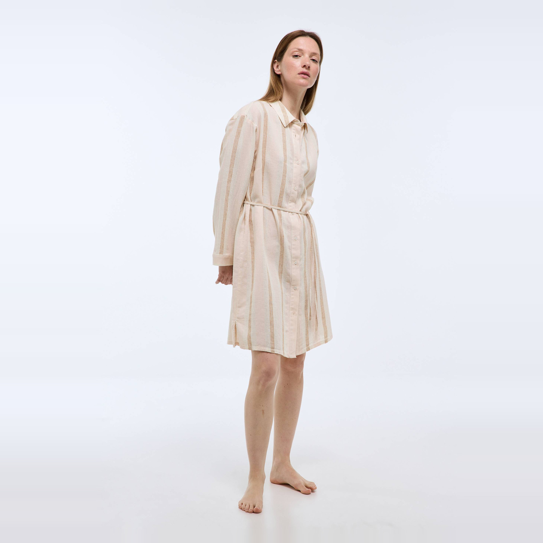 Chemise de nuit rayée en lin et coton, MONOPRIX