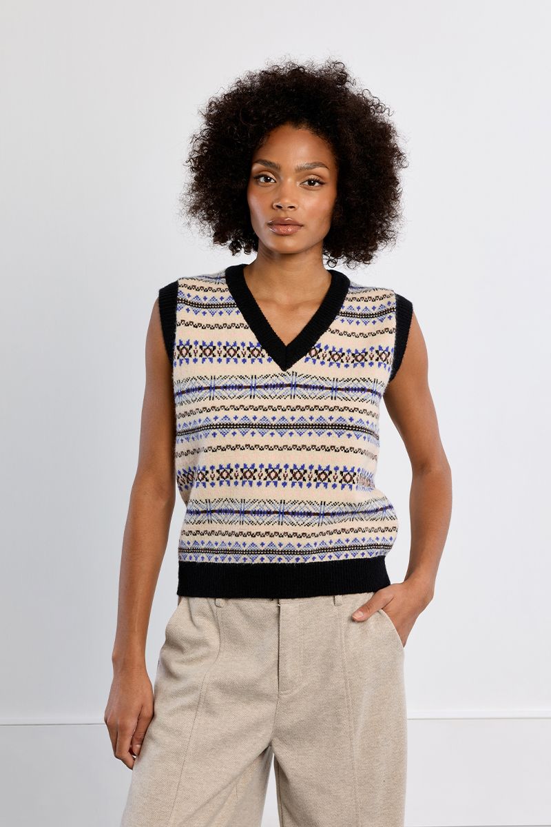 Pull sans manches, motif tibétain col V, LILI SIDONIO