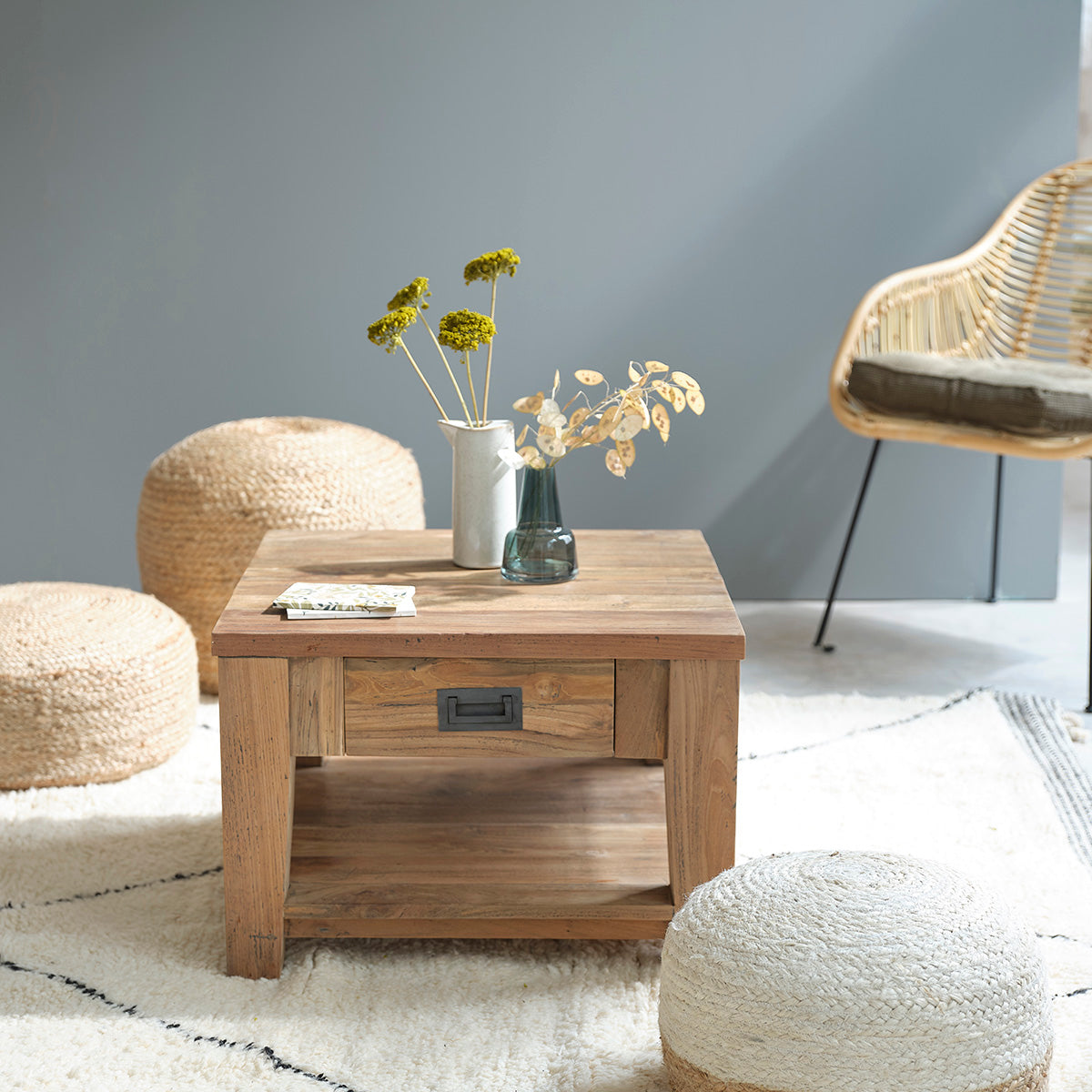Table basse en bois de teck recyclé 60 cm CARGO, BERAH GETAH