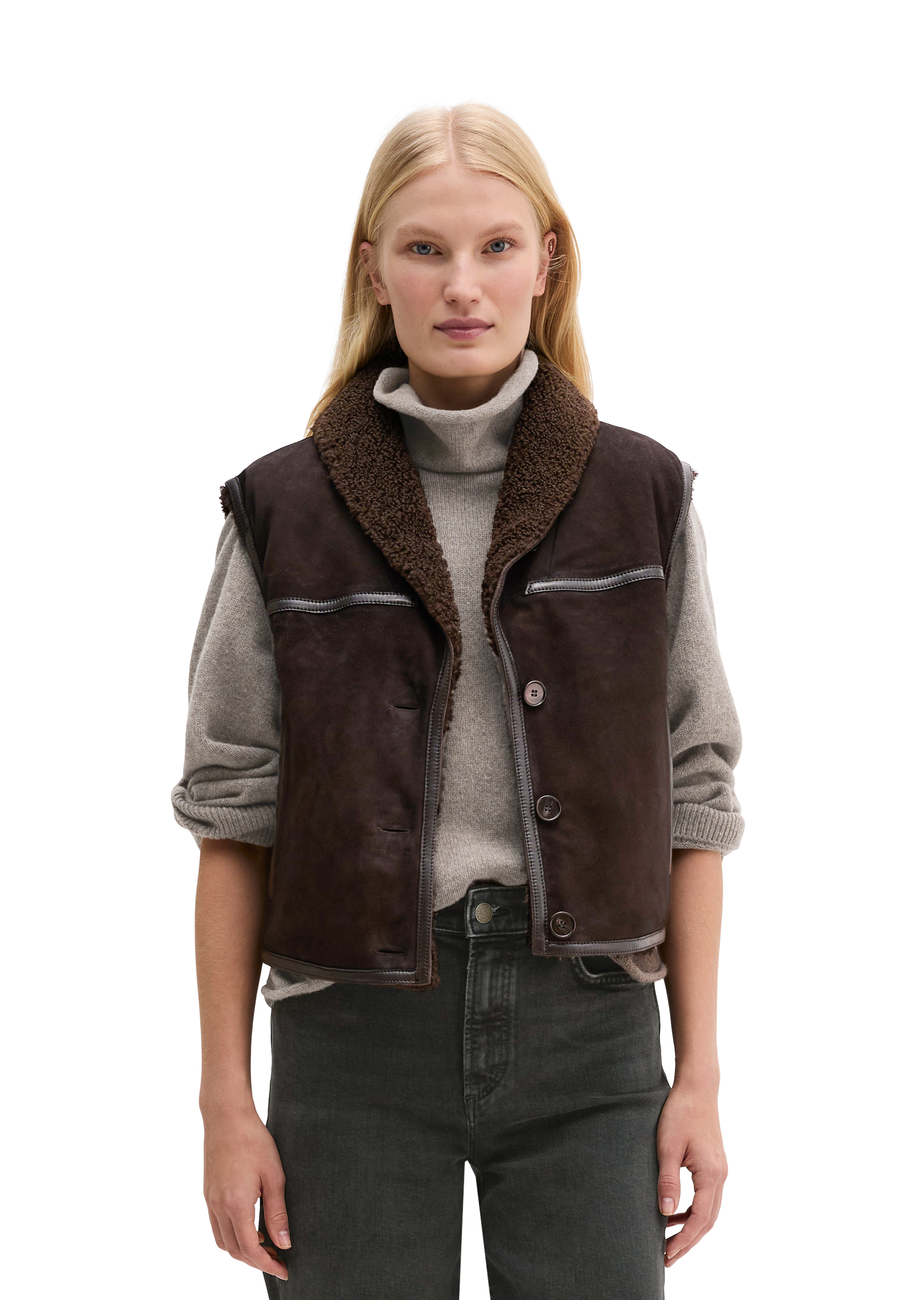 Gilet en cuir coupe classique avec une doublure en peluche imitation fourrure à l'intérieur, MARC O'POLO